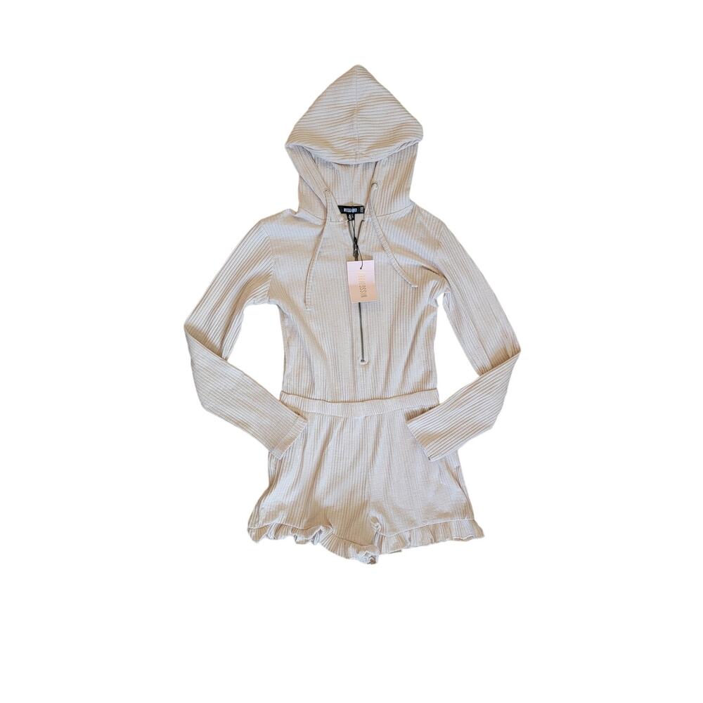 NWT Missguided‎ Ribbed Zip Up Hoodie Frill Short Playsuit Romper in Stone Size 6